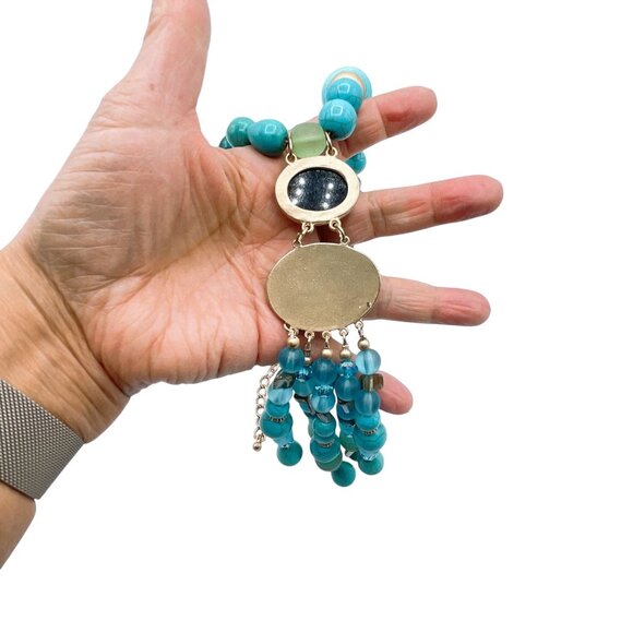 Chico's Turquoise & Abalone Statement Necklace With Gold Accents & Beaded Tassel - Picture 5 of 6